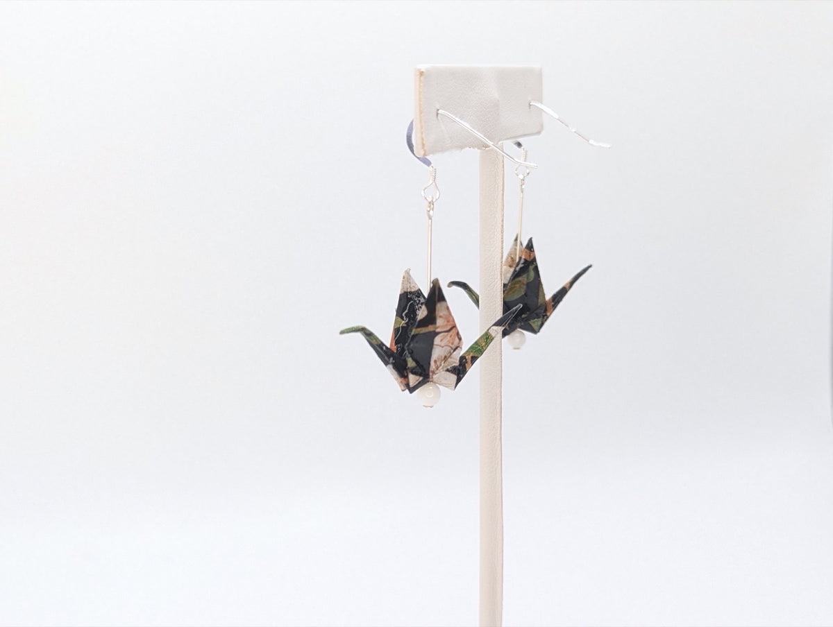Dark Forest, Moonstone Origami Crane Earrings