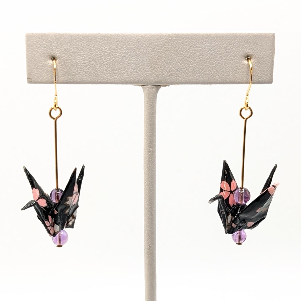 Black Blossom, Amethyst Origami Crane Earrings, close-up of the pair