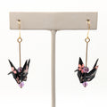 Black Blossom, Amethyst Origami Crane Earrings, close-up of the pair
