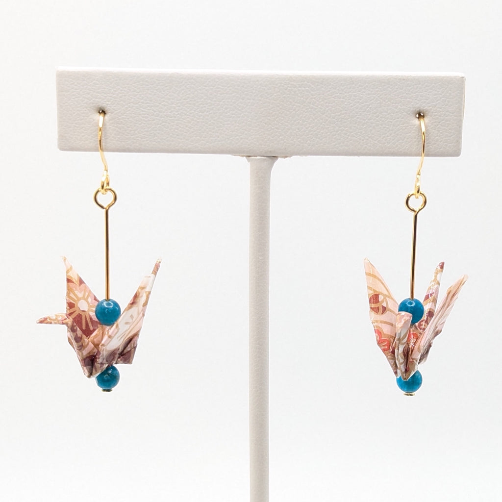 Pink Blossom, Apatite Origami Crane Earrings, close-up of the pair