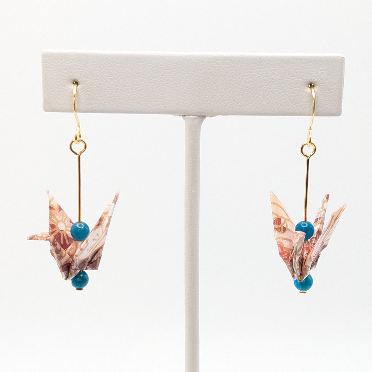 Pink Blossom, Apatite Origami Crane Earrings, close-up of the pair
