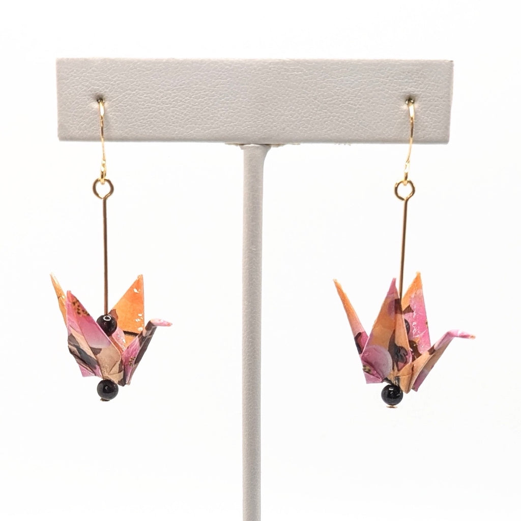 Golden Floral, Garnet Origami Crane Earrings, close-up of the pair