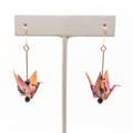 Golden Floral, Garnet Origami Crane Earrings, close-up of the pair
