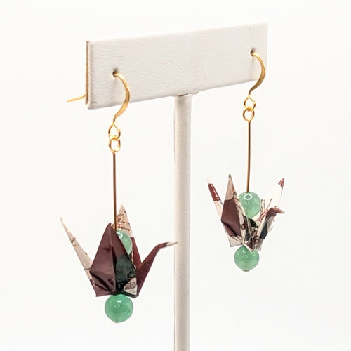 Burgundy Floral, Green Aventurine Origami Crane Earrings, close-up of the pair