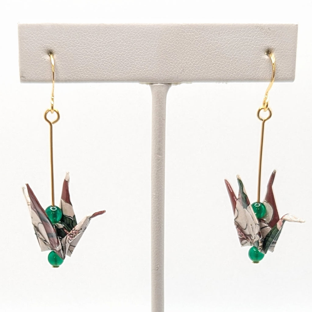 Burgundy Floral, Green Onyx Origami Crane Earrings, close-up of the pair