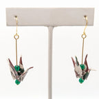 Burgundy Floral, Green Onyx Origami Crane Earrings, close-up of the pair