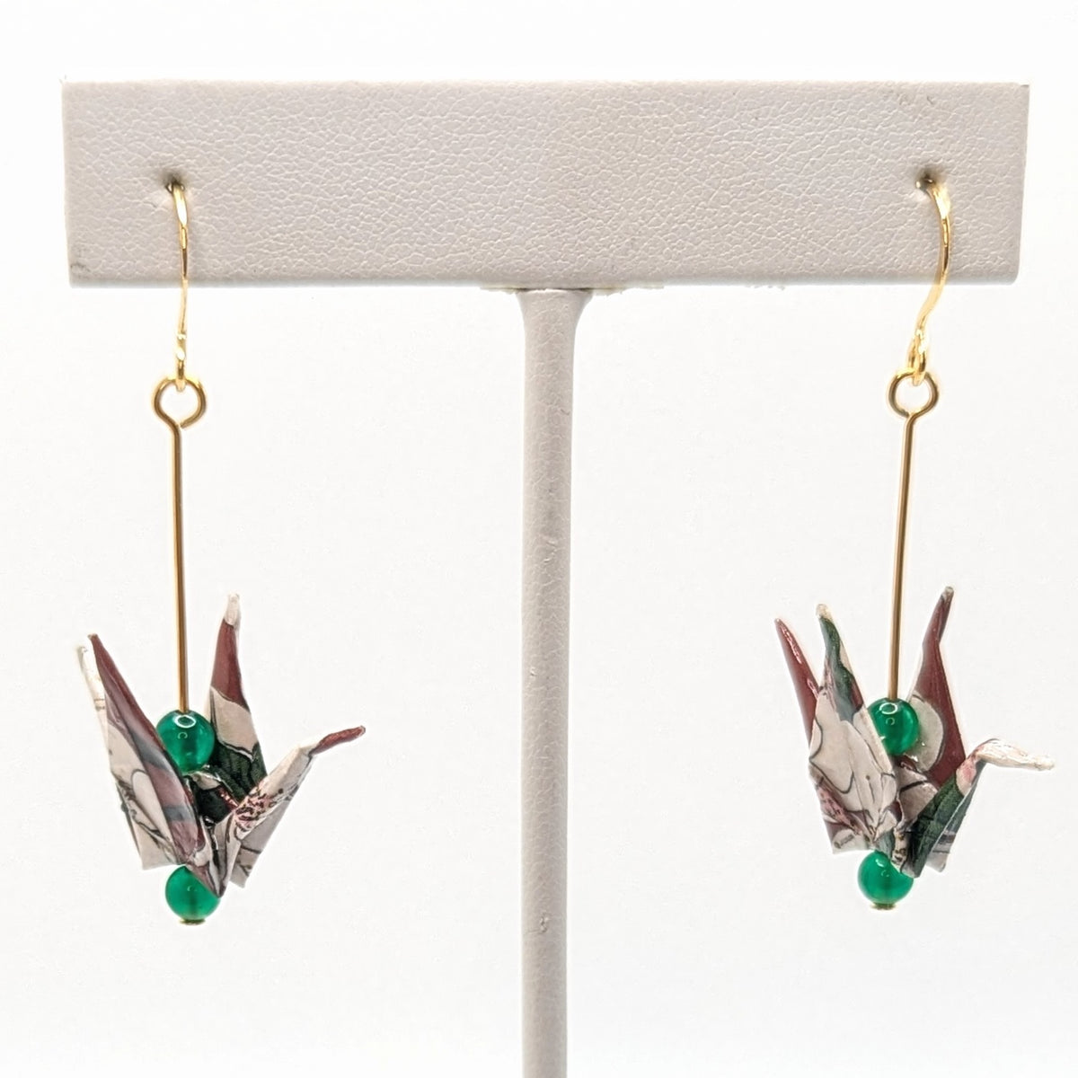 Burgundy Floral, Green Onyx Origami Crane Earrings, close-up of the pair