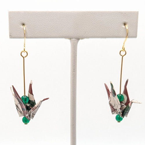 Burgundy Floral, Green Onyx Origami Crane Earrings, close-up of the pair
