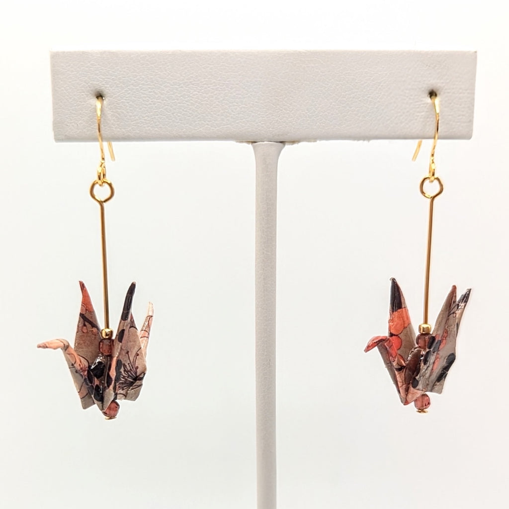 Beige Floral, Hessonite Garnet Origami Crane Earrings, close-up of the pair