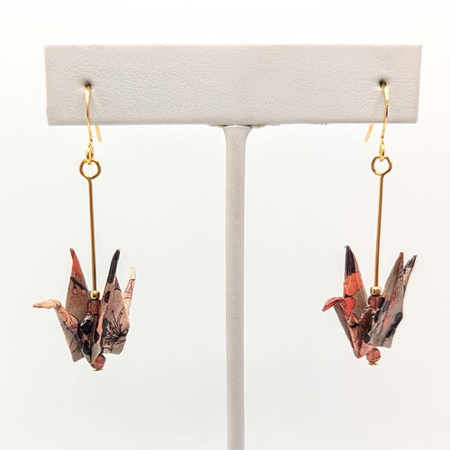 Beige Floral, Hessonite Garnet Origami Crane Earrings, close-up of the pair