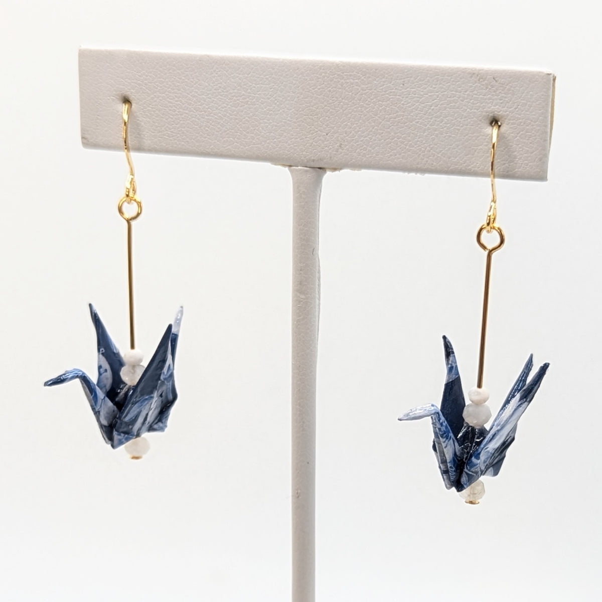 Blue Floral, Moonstone Origami Crane Earrings, close-up of the pair