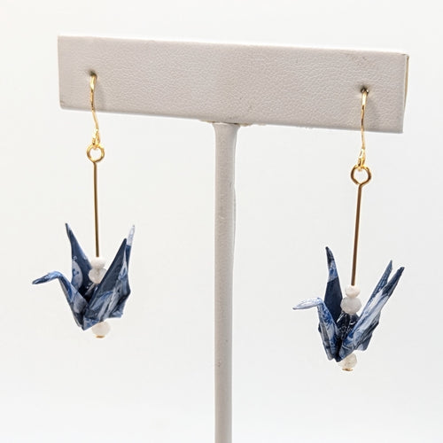 Blue Floral, Moonstone Origami Crane Earrings, close-up of the pair