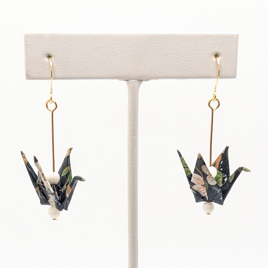 Dark Forest, Moonstone Origami Crane Earrings, close-up of the pair