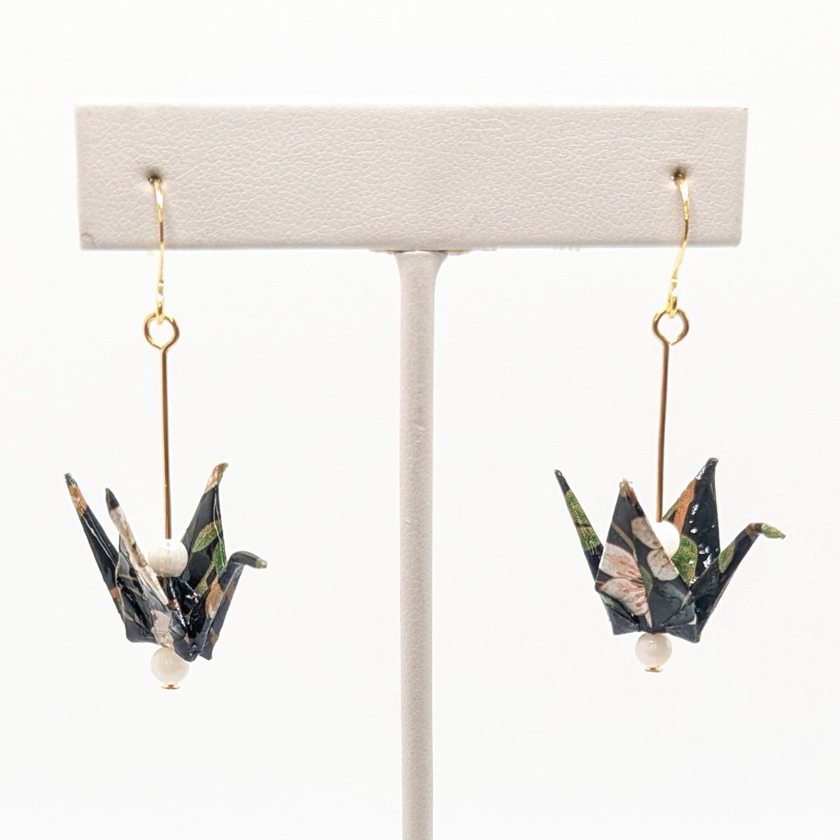 Dark Forest, Moonstone Origami Crane Earrings, close-up of the pair