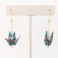 Teal Floral, Rose Quartz Origami Crane Earrings, close-up of the pair
