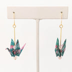 Teal Floral, Rose Quartz Origami Crane Earrings, close-up of the pair