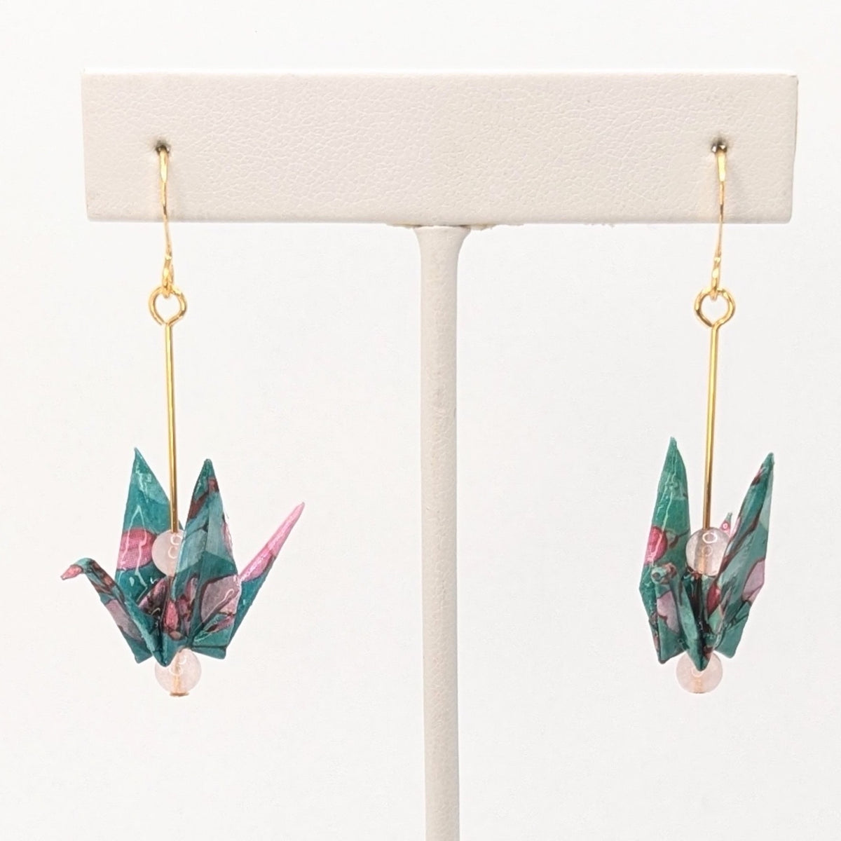 Teal Floral, Rose Quartz Origami Crane Earrings, close-up of the pair