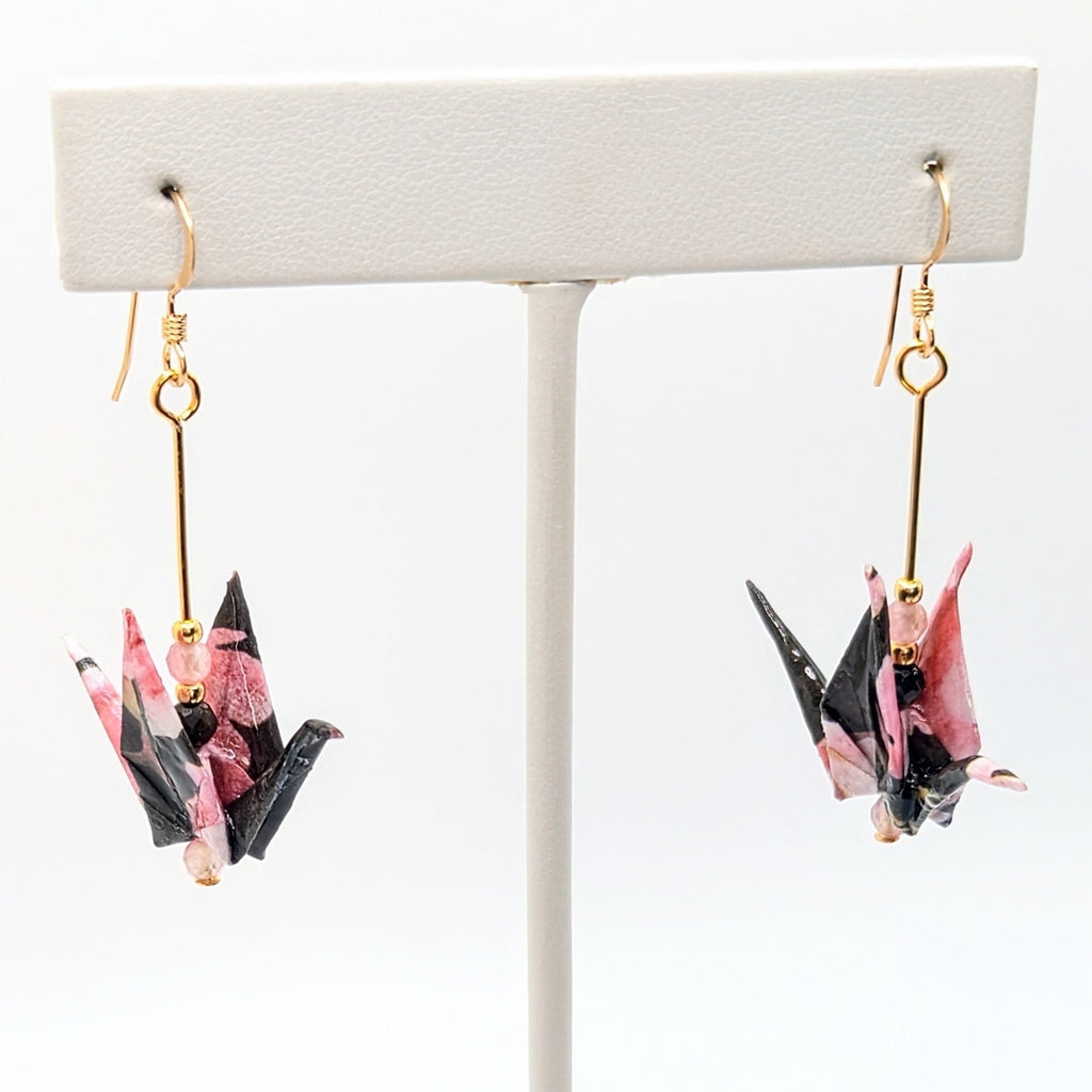 Black and Pink Floral, Tourmaline Origami Crane Earrings, close-up of the pair