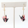 Black and Pink Floral, Tourmaline Origami Crane Earrings, close-up of the pair