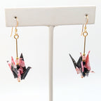 Black and Pink Floral, Tourmaline Origami Crane Earrings, close-up of the pair
