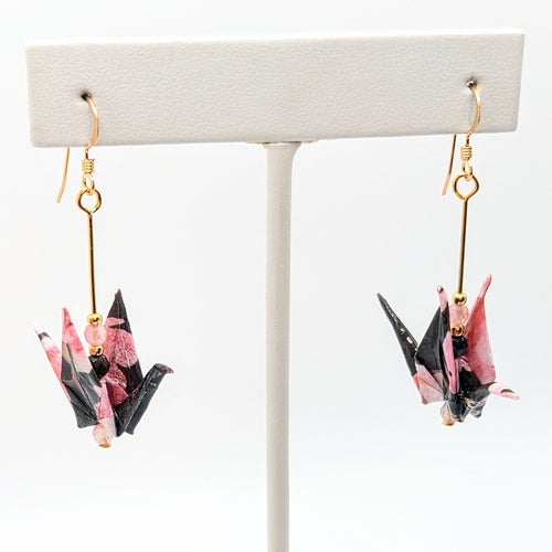 Black and Pink Floral, Tourmaline Origami Crane Earrings, close-up of the pair