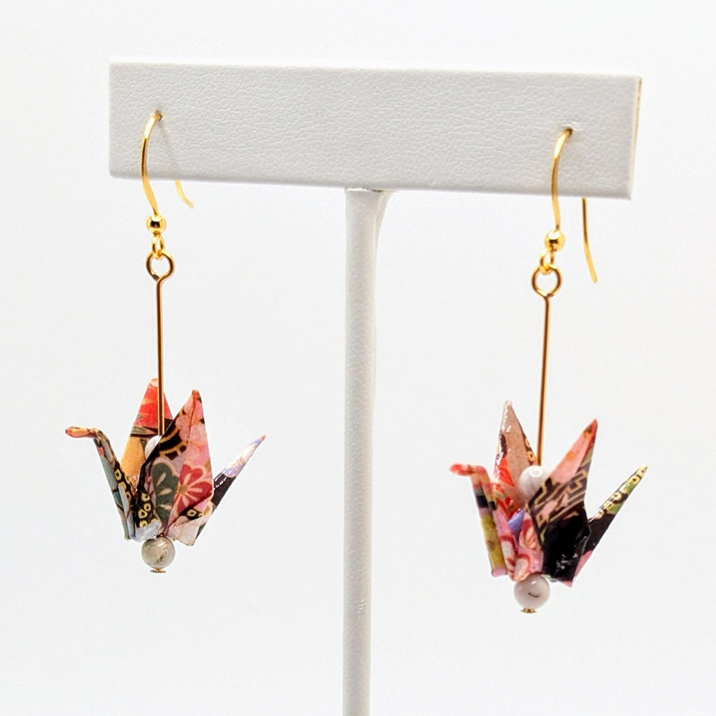 Multicolor, White Agate Origami Crane Earrings, close-up of the pair