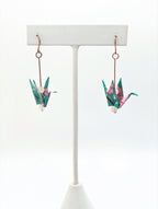 Teal Floral, Rose Quartz Origami Crane Earrings