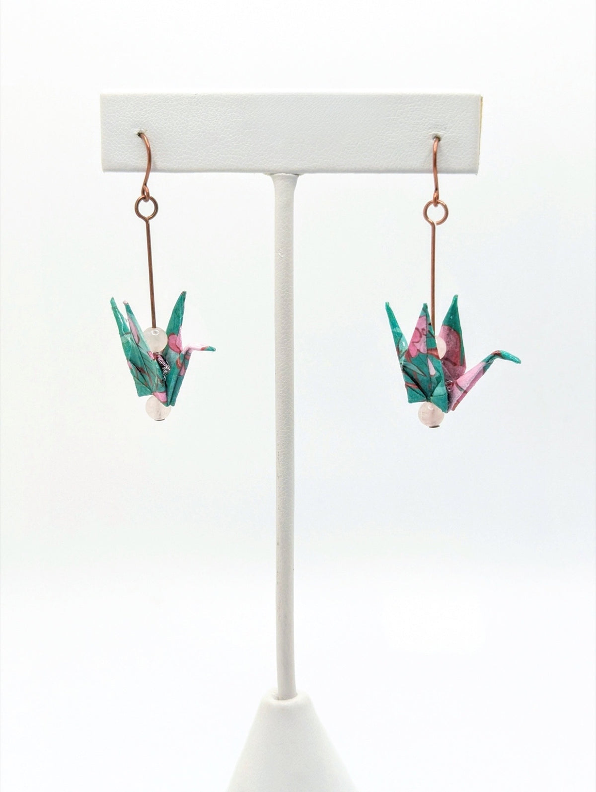 Teal Floral, Rose Quartz Origami Crane Earrings
