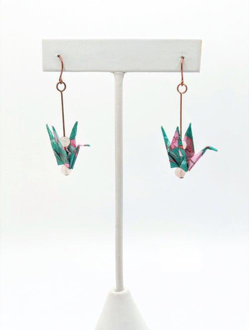 Teal Floral, Rose Quartz Origami Crane Earrings