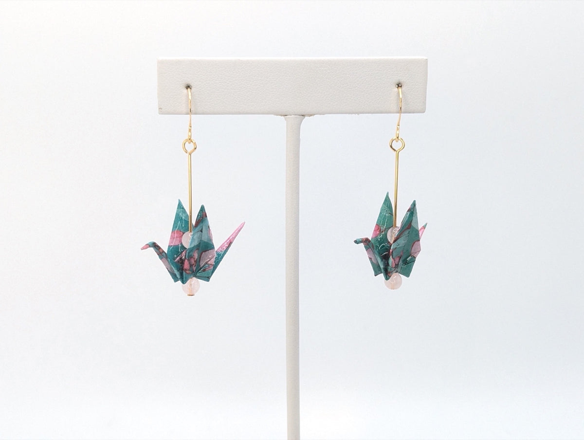 Teal Floral, Rose Quartz Origami Crane Earrings