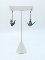 Teal Floral, Rose Quartz Origami Crane Earrings