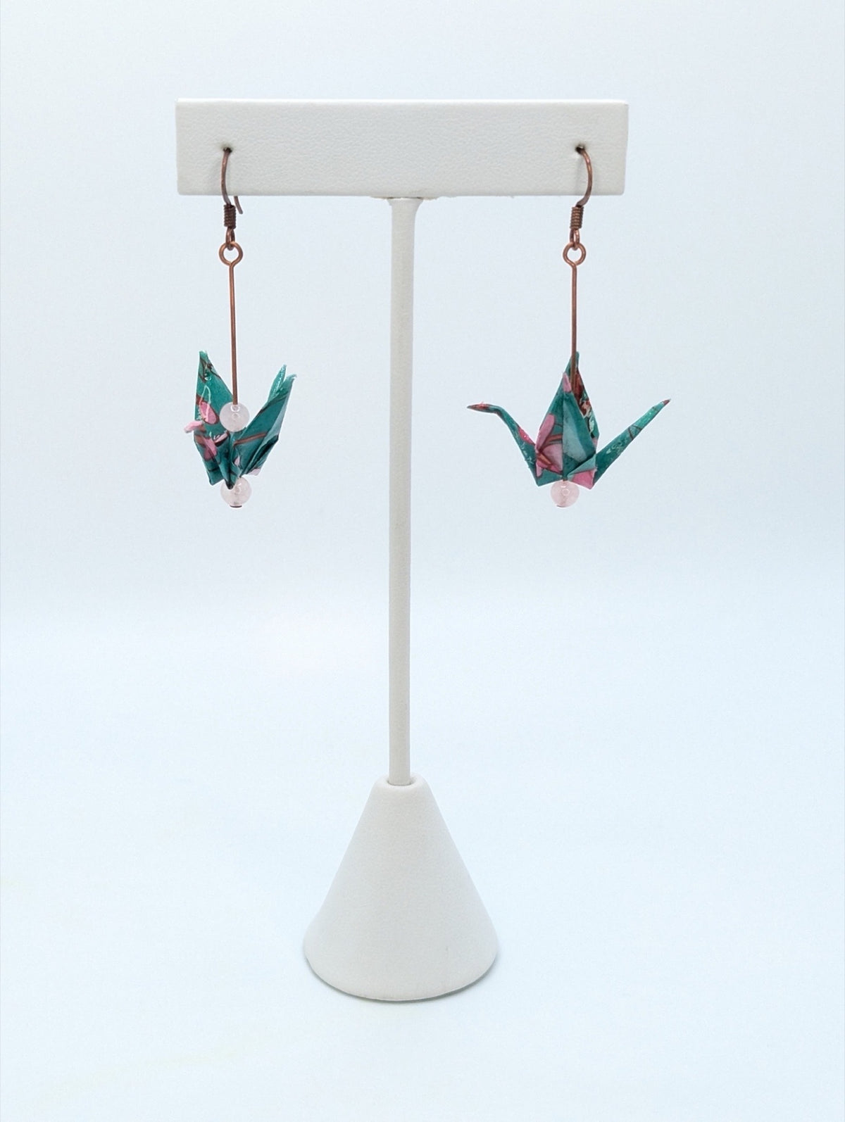 Teal Floral, Rose Quartz Origami Crane Earrings