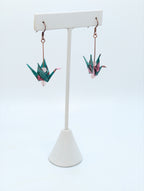 Teal Floral, Rose Quartz Origami Crane Earrings