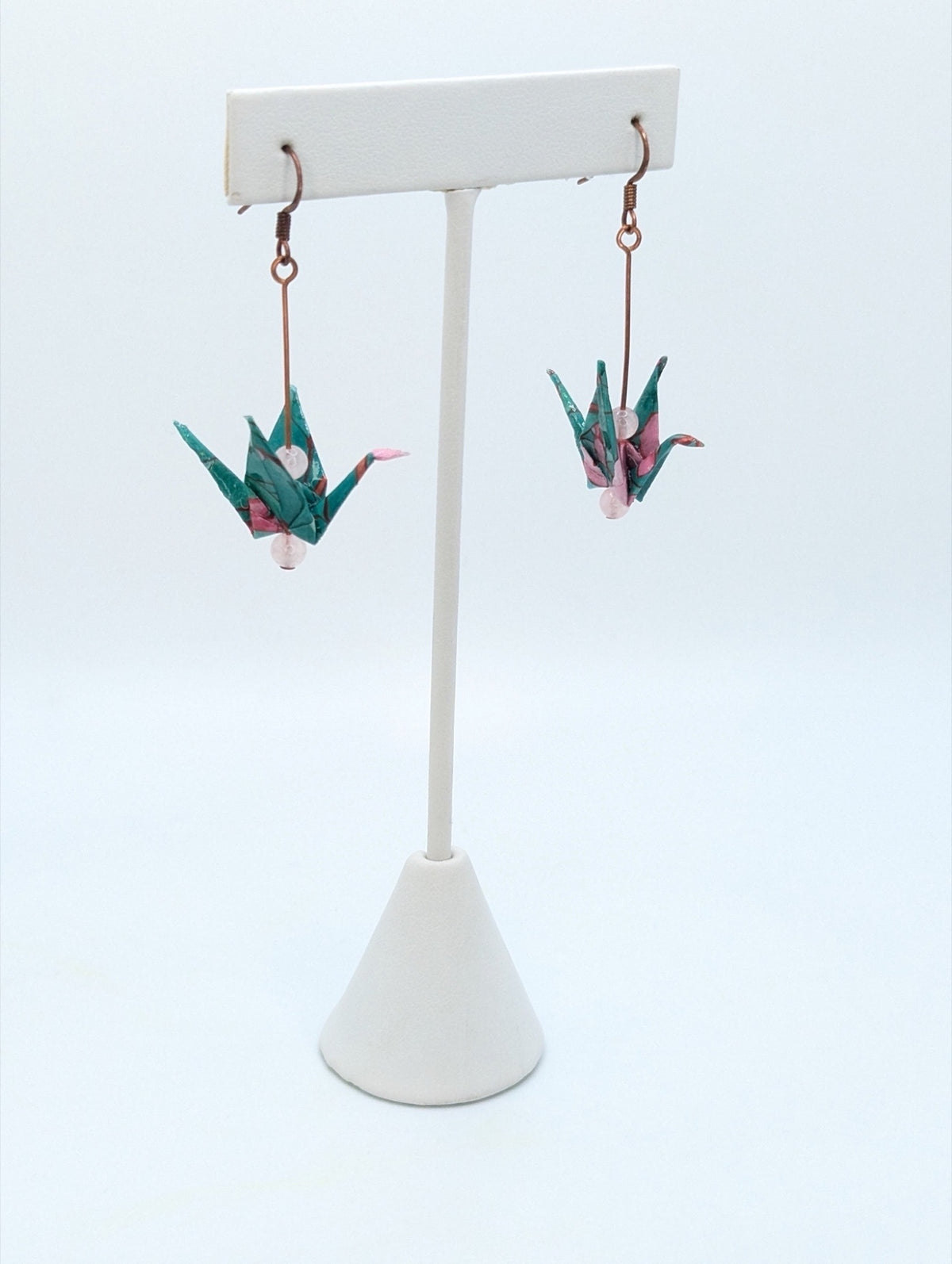 Teal Floral, Rose Quartz Origami Crane Earrings