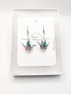 Teal Floral, Rose Quartz Origami Crane Earrings