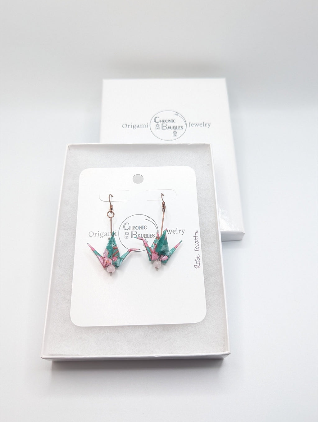 Teal Floral, Rose Quartz Origami Crane Earrings