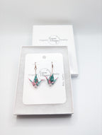 Teal Floral, Rose Quartz Origami Crane Earrings