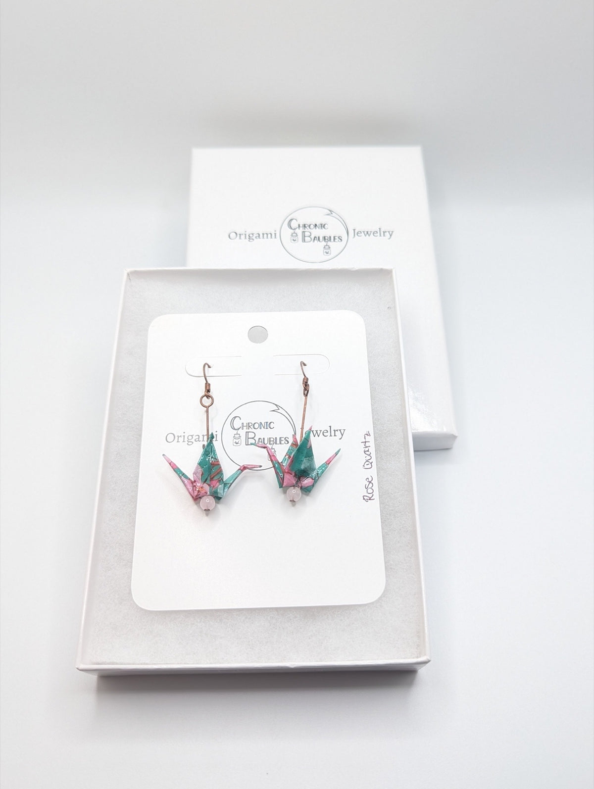 Teal Floral, Rose Quartz Origami Crane Earrings