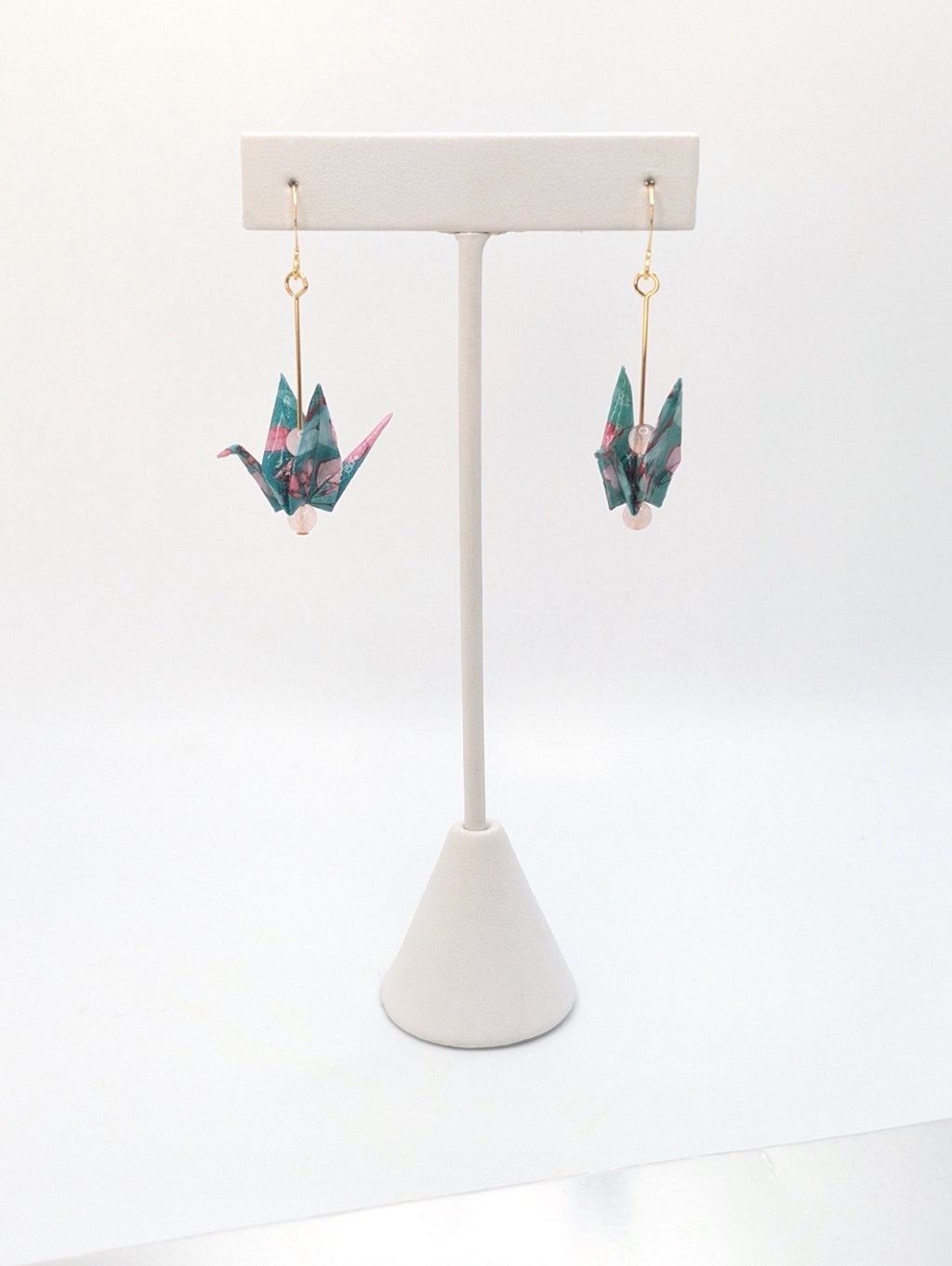 Teal Floral, Rose Quartz Origami Crane Earrings