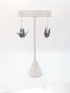 Teal Floral, Rose Quartz Origami Crane Earrings