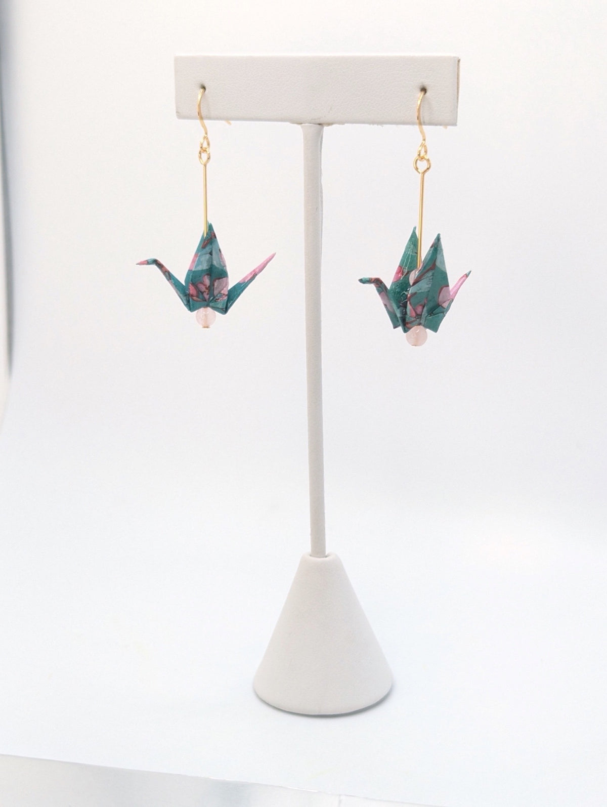 Teal Floral, Rose Quartz Origami Crane Earrings