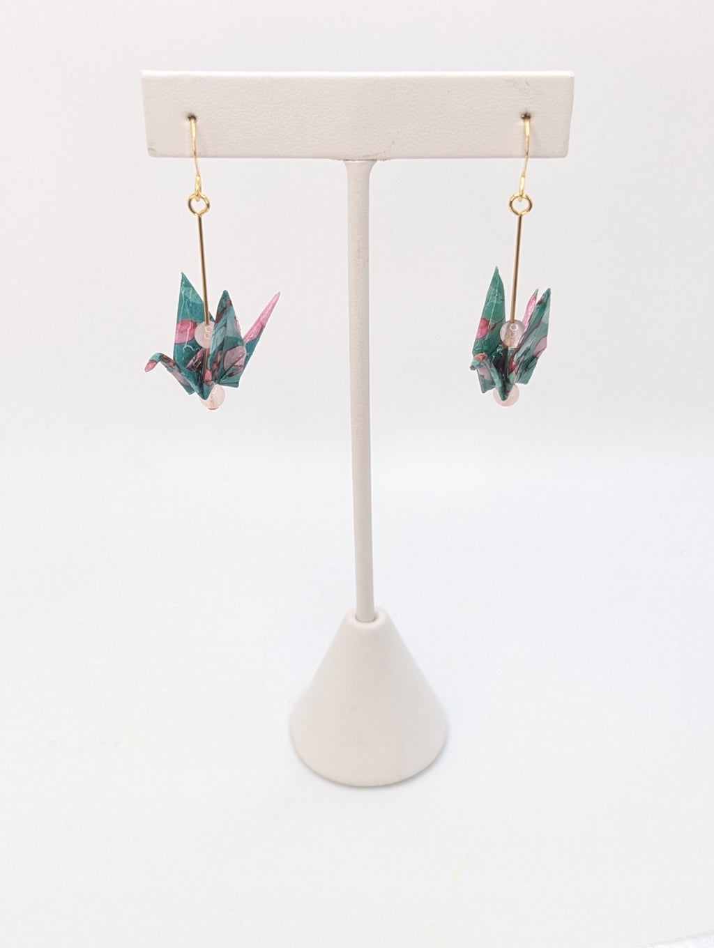 Teal Floral, Rose Quartz Origami Crane Earrings