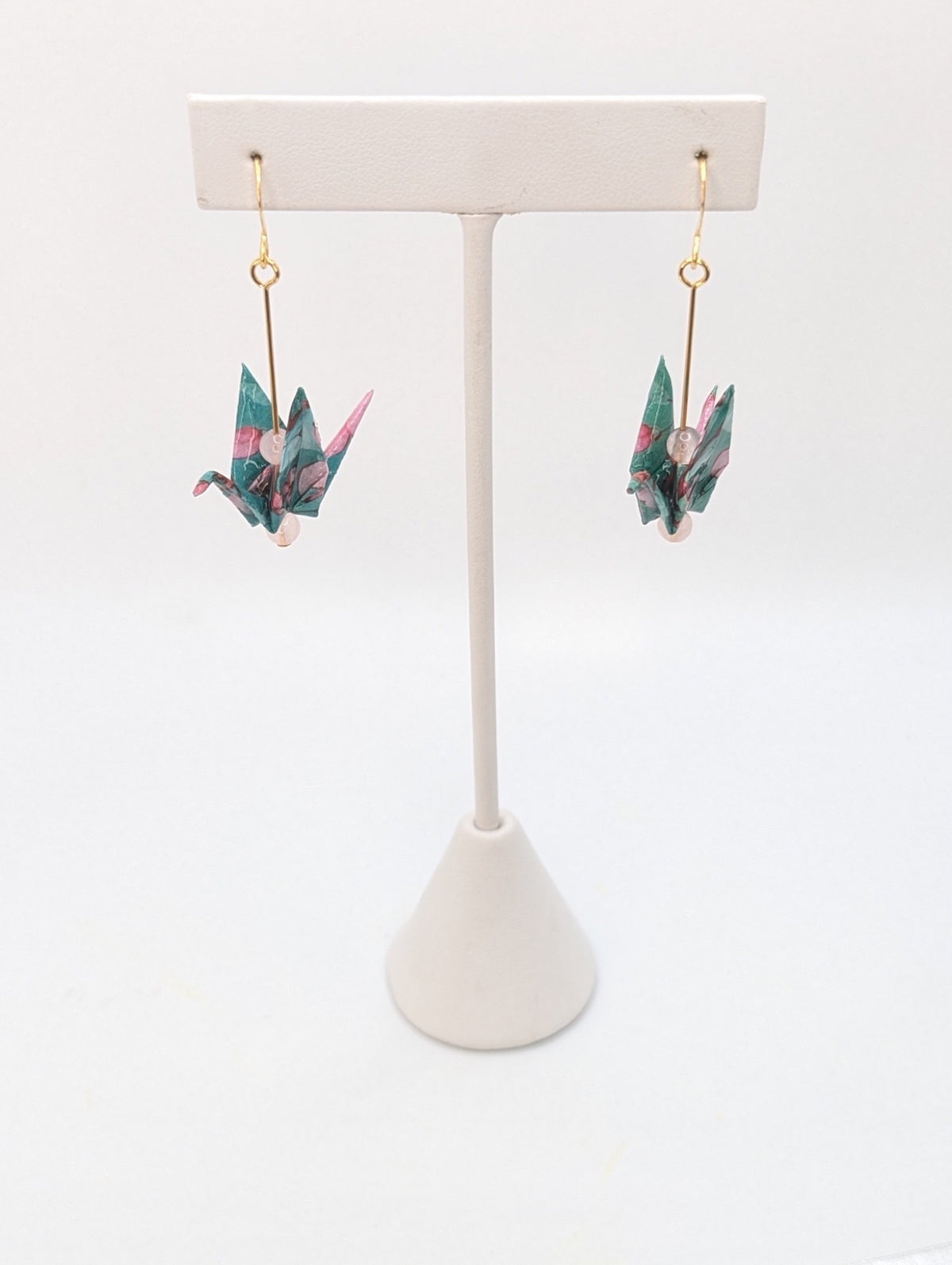 Teal Floral, Rose Quartz Origami Crane Earrings