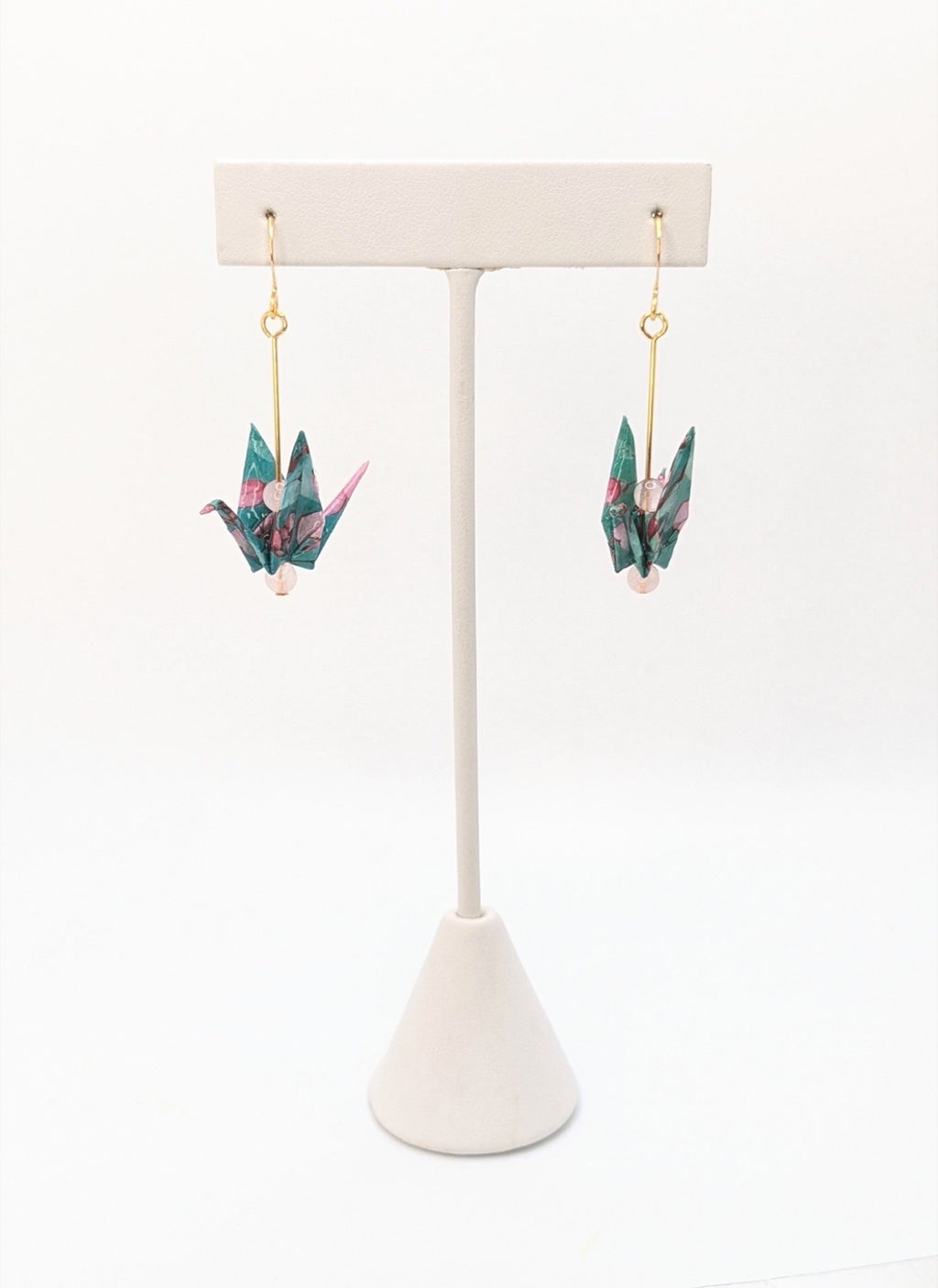 Teal Floral, Rose Quartz Origami Crane Earrings