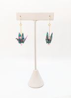 Teal Floral, Rose Quartz Origami Crane Earrings