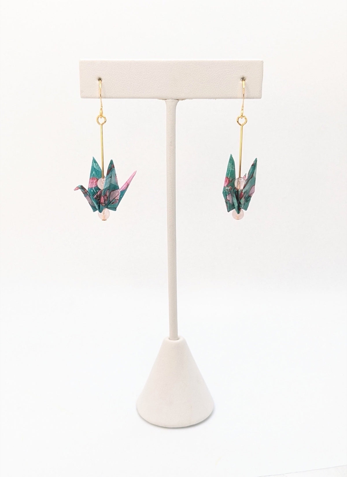 Teal Floral, Rose Quartz Origami Crane Earrings