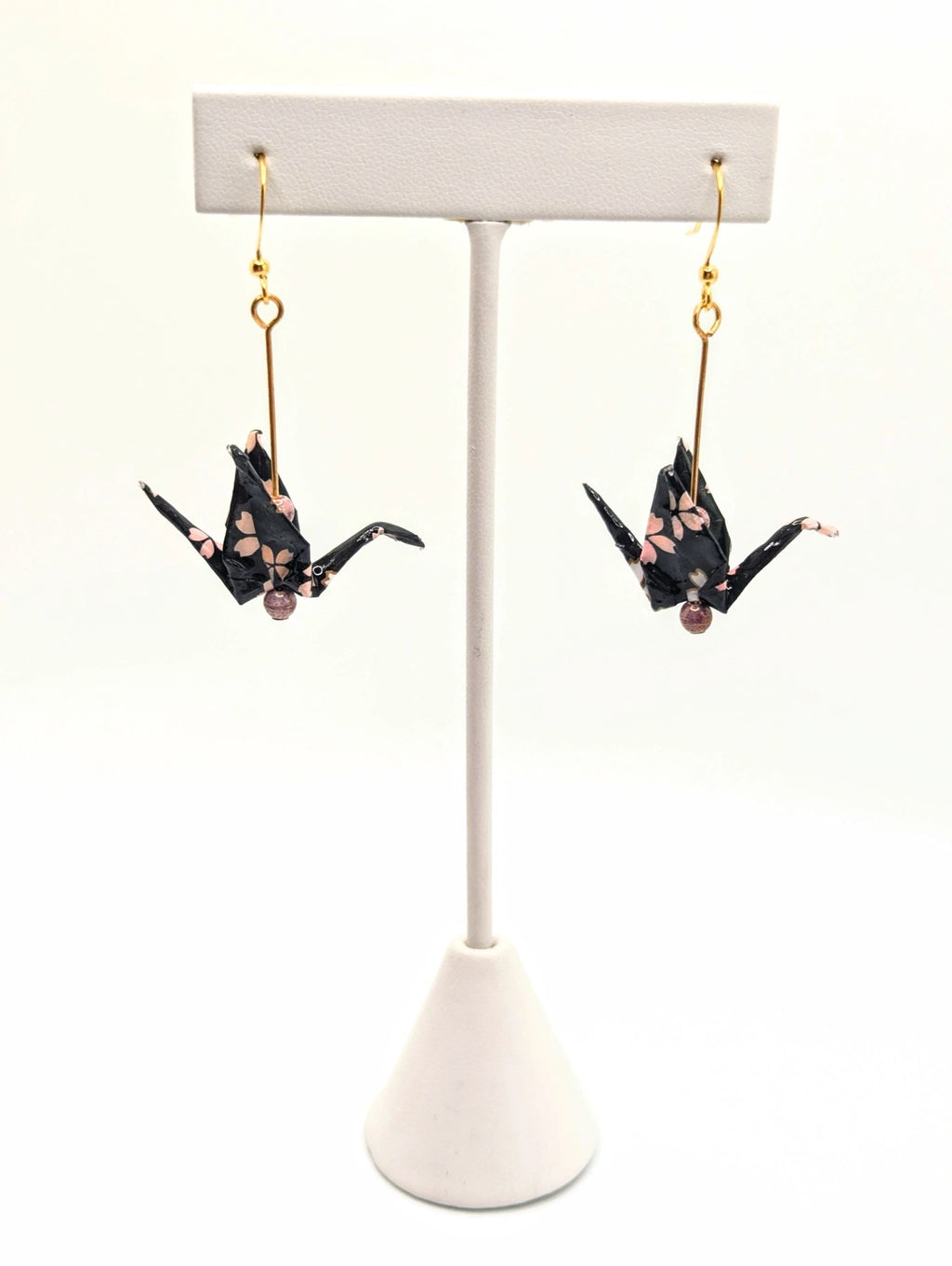 Black Floral Chiyogami Origami Crane Earrings - Gold Wires