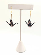 Black Floral Chiyogami Origami Crane Earrings - Gold Wires