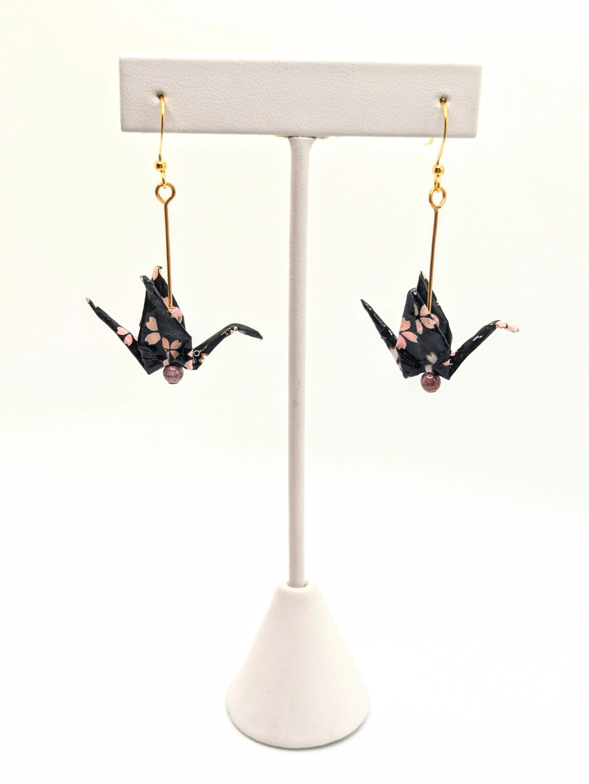Black Floral Chiyogami Origami Crane Earrings - Gold Wires
