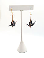 Black Floral Chiyogami Origami Crane Earrings - Gold Wires